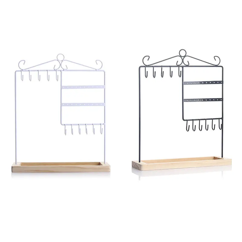 

Metal Frame & Wood Basic Tray For Earrings Bracelets Necklace Watch Accessories Holder-20 Holes & 11 Hooks