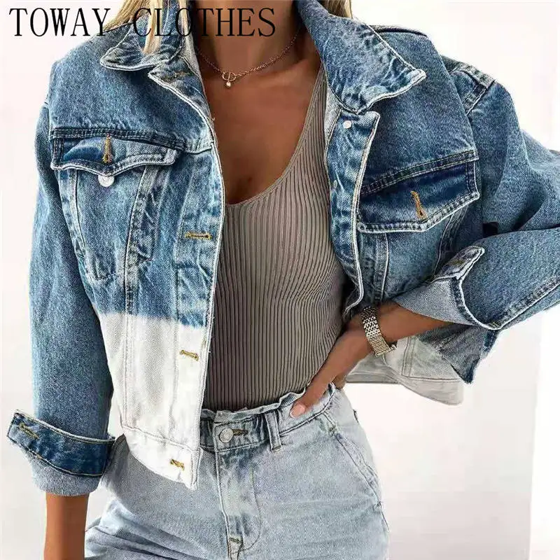

Turn-down Collar Long Sleeve Colorblock Button Pocket Design Denim Coat Chic Denim Jackets & Coats