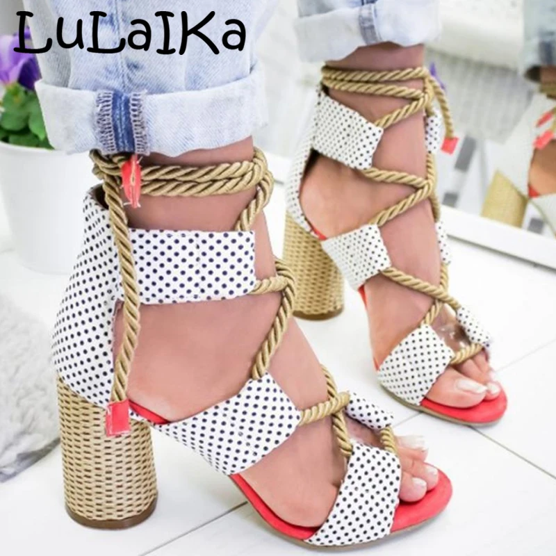 LuLaIKa 2020 Summer New Ladies Fashion Round Head Comfortable Breathable Open Toe Casual Wild Lacing High-heeled Sandals 5-8cm | Обувь