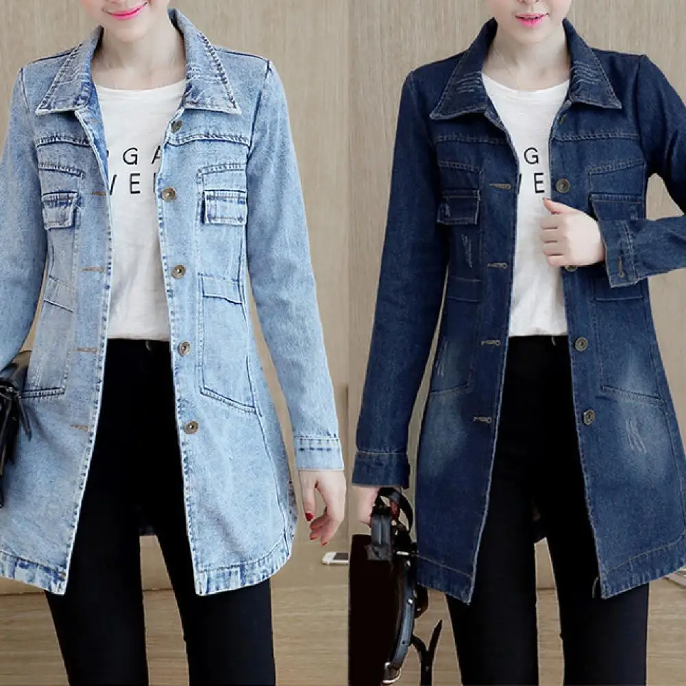 

Dropshipping Turn-Dwon Collar Flap Pockets Denim Jacket Shrink Resistant Irregular Hem Long Women Jacket Streetwear