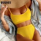 Купальник бикини RUUHEE Женский, однотонный, в рубчик, с высокой талией, в стиле пэчворк, купальный костюм с пуш-ап, синий цвет, пикантный, 2021