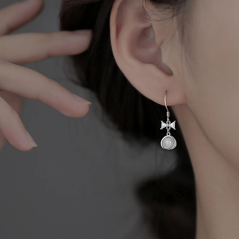 

Stackable 925 Sterling Silver Drop Earrings For Women Unusual Crystal Ball Dangle Ear Jewelry with Bowknot Zircon Party Gift