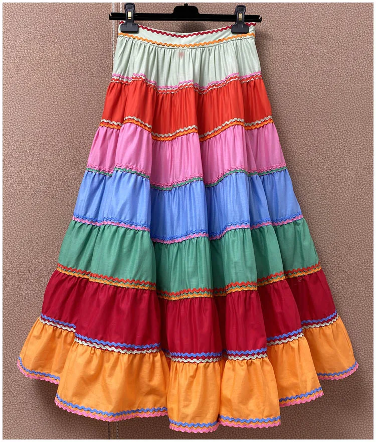 

Женская хлопковая юбка средней длины, разноцветная Праздничная юбка средней длины в стиле пэчворк с радужной вставкой, универсальная юбка, ...