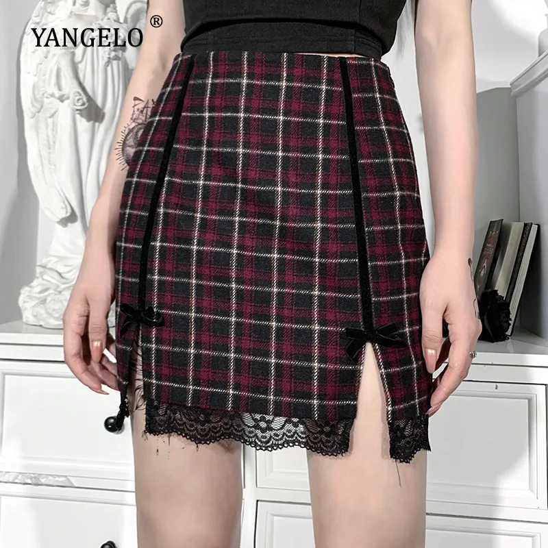 

Vintage Lace Red Skirt Y2k Goth Aesthetic High Waist Mini Skirts Women Elegant Sexy Slit Gothic Skirts Party Club Wear