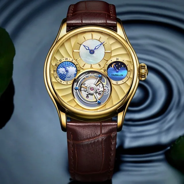 Gold Tourbillon сапфир часы Скелетон Мужские автоматические механические часы Многофункциональный 24-часовой и лунной фазой, Для мужчин часы лучший бренд класса люкс - Цвет: Gold