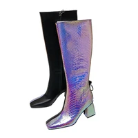 stylish laser knee high boots square heel discolored patchwork side zipper snake skin shoes women winter popular square toe boot