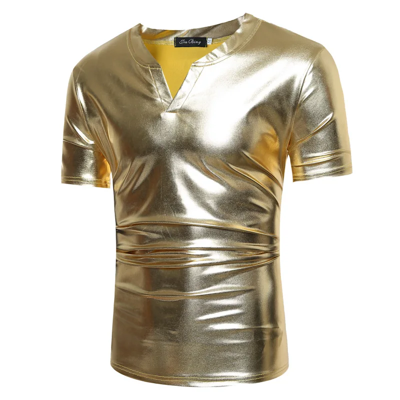 

Футболка мужская с коротким рукавом, блестящая повседневная рубашка в стиле хип-хоп, с V-образным вырезом, с золотым металлическим блеском, для диджея, ночного клуба