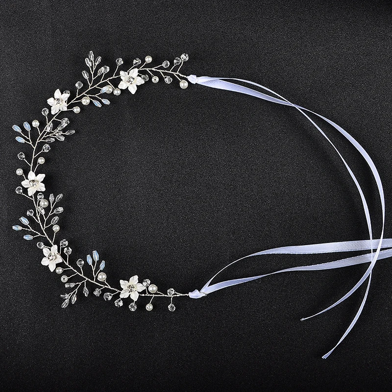 Silver Color Flower Crystal Long Headbands Bridal Wedding Pearl Hair Jewelry Accessories Head Plant Vine Decoration Ornament | Украшения и