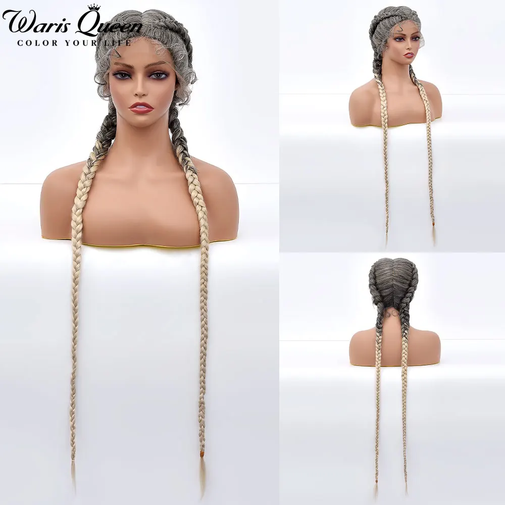 Braided Lace Front Wig Synthetic Wigs For Black Women Blonde Ombre 36 Inch Long Dutch Twins Braids With Baby Hair Lace Frontal