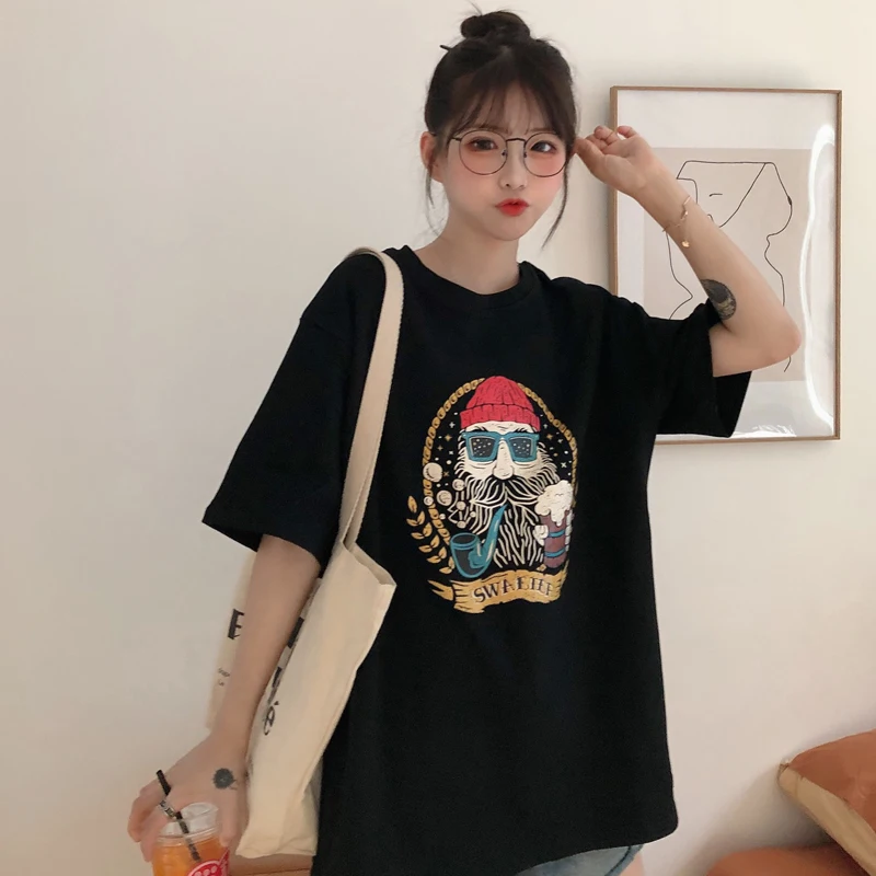 

Oversize Short Sleeve T Shirts Graphic Tee Harajuku Hipster Cute Cartoon Print Harajuku Women's Casual Black T-shirt L1833