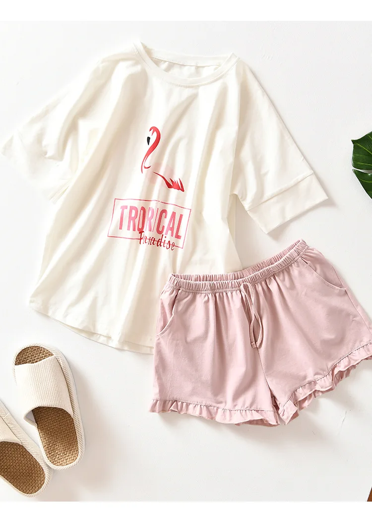 Шорты с короткими рукавами домашний костюм Spot 100% хлопок Фламинго пижамные