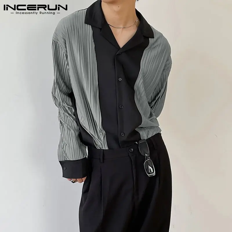 

Повседневная мужская рубашка INCERUN в стиле пэчворк, со складками, отложным воротником и длинным рукавом, индивидуальная мужская одежда 2022, ул...