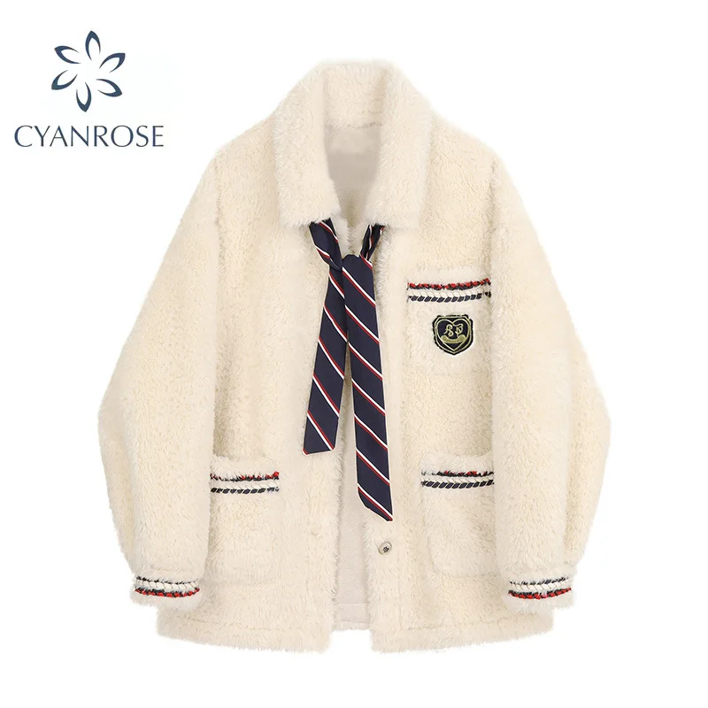 

2021Korean Preppy Style Winter Jackets Female Loose Casual Fashion Warm Lamb Wool Coat Women Harajuku Thick Warm Outerwear