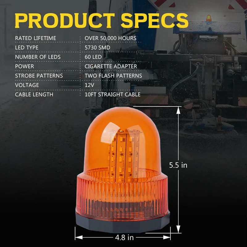 60 Led Strobe Light Car Emergency Warning Rooftop Beacon Work Lamp-Amber