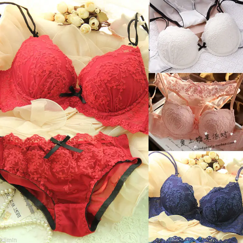

Sexy Women Lace Floral Bralette Push Up Bra Embroidery Bow G-string Brief Set Lingerie Bra Set