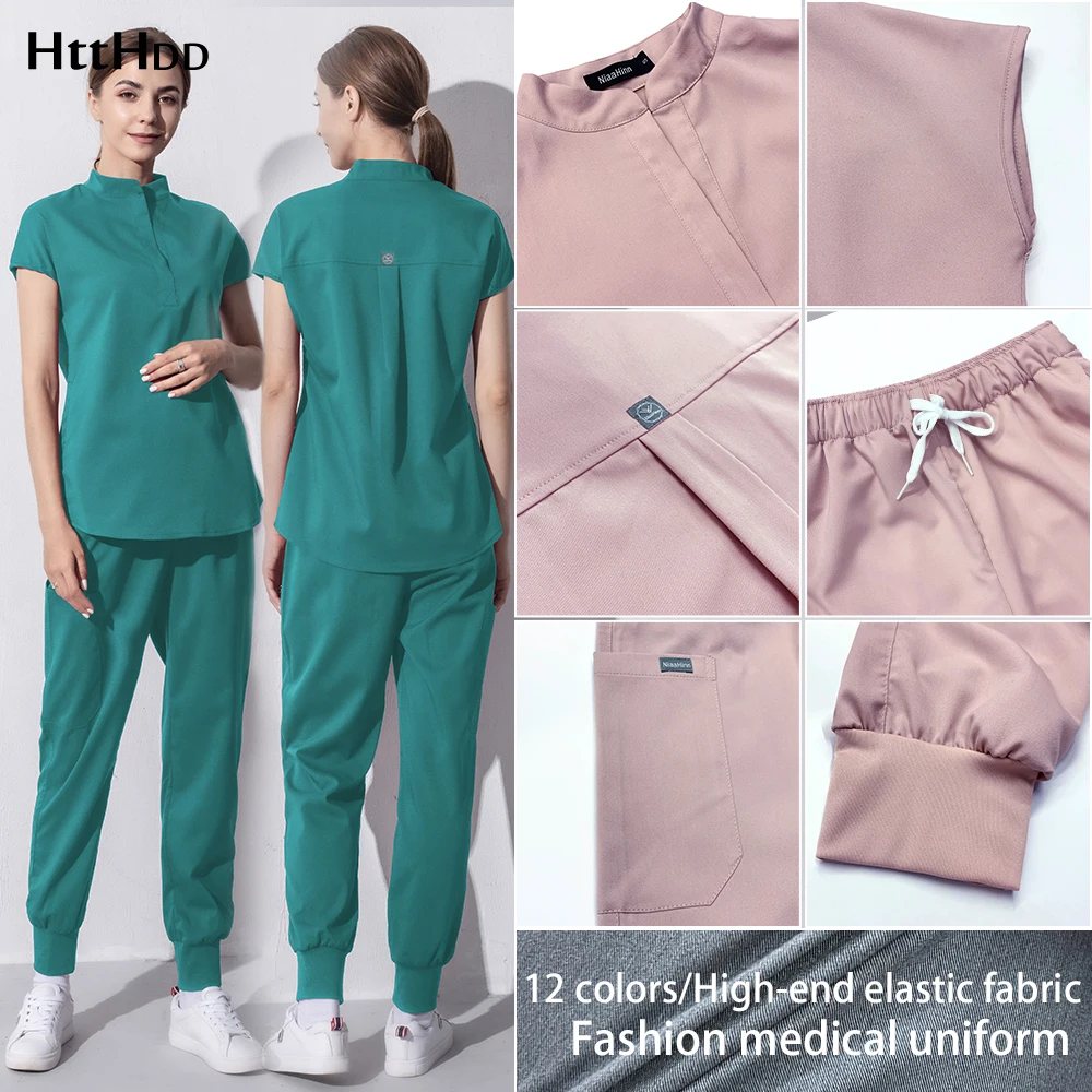 

Medical Operating Room Uniform Nurse Doctor Solid Color Work Women Scrubs Suit Pet Grooming Nursing Cleaning Service Top Pants