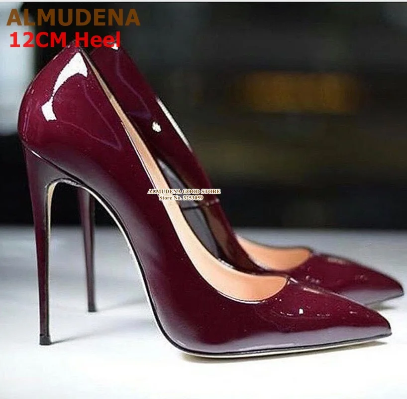 12cm heel wine red ALMUDENA/фиолетовые туфли-лодочки из лакированной кожи с острым носком свадебные туфли без застежки с закрытым носком 12 см вечерние туфли на высоком каблуке 10 см, 8 см туфли-лодочки, размер 45 - Цвет: 12cm heel wine red