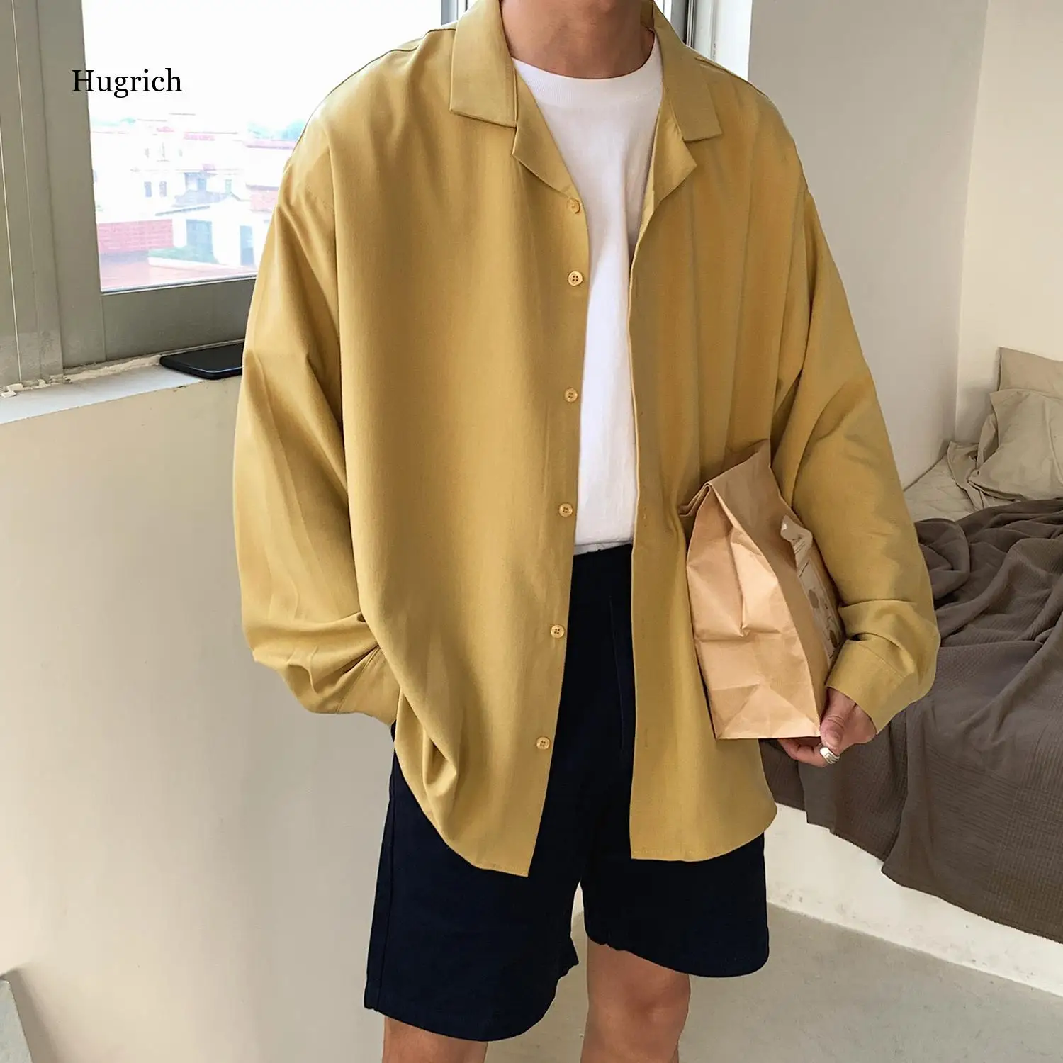 Мужская свободная рубашка с длинным рукавом приталенная воротником-стойкой и