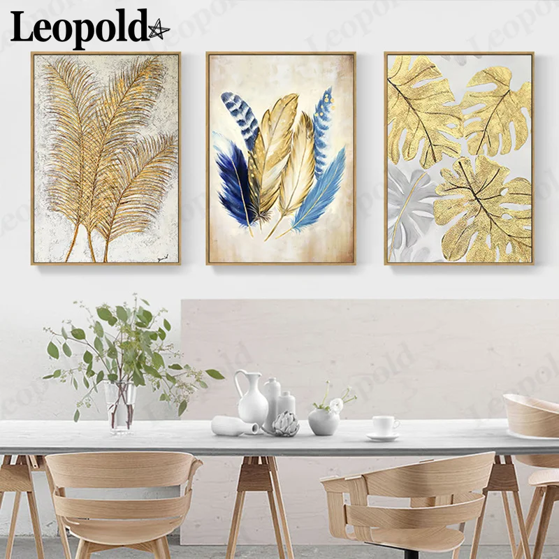 

Nordic Gold Leaf Feather Canvas Poster Gold Leaf Painting Wall Art Modern Aesthetic Room Home Decoration Frameless Painting