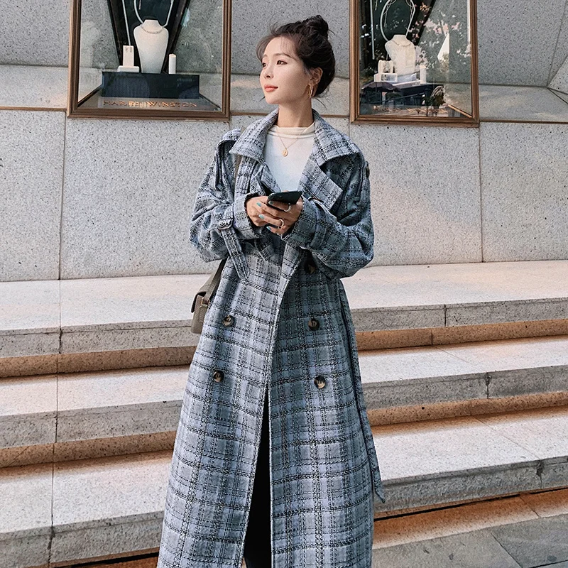 

Women's Plaid Woolen Coat 2021 Winter New Long Loose Rabbit Fur Thick Double-Breasted Lapel Retro Temperament Fashion Jacket 6X