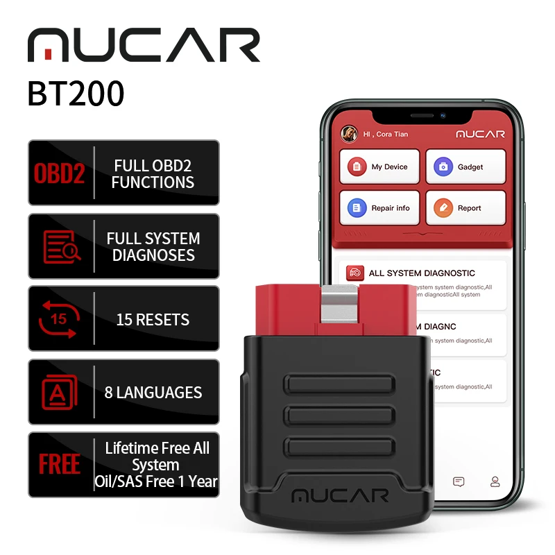 Диагностический сканер MUCAR BT200 автоматический OBD2 для всех систем с пожизненным