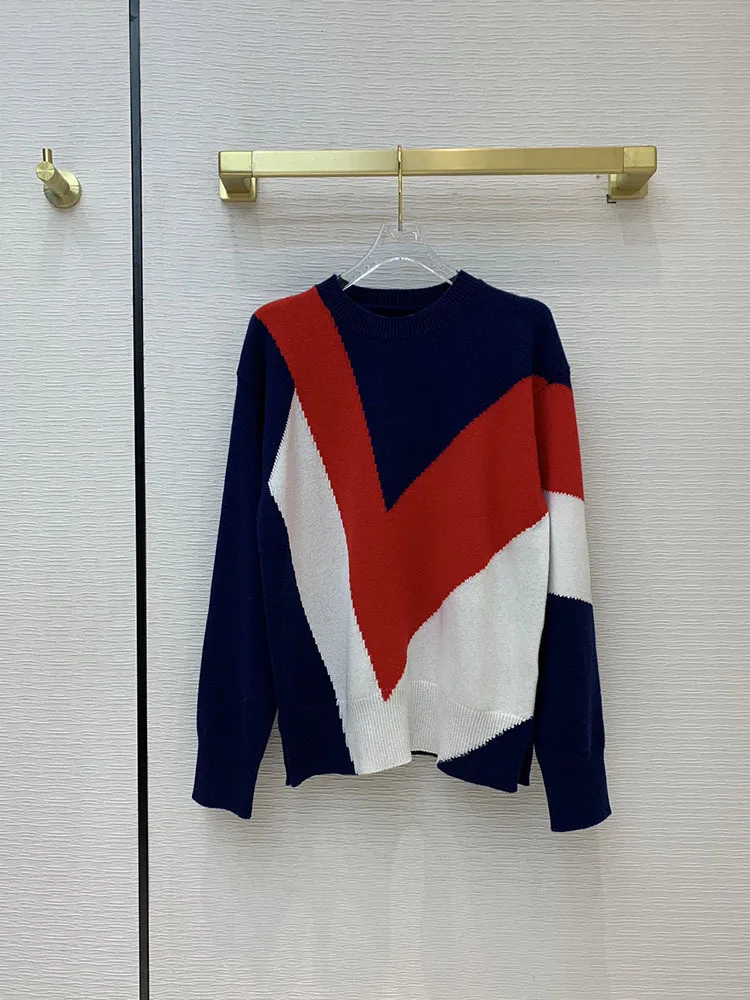 

75% Cashmere Luxury Sweater Pullovers Women 2021 Autumn Winter Casual Contrast Color Geometric O-neck Long Sleeve Soft Sweaters