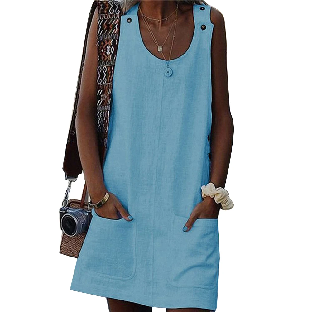 Женское пляжное платье повседневное однотонное мини с карманами на пуговицах