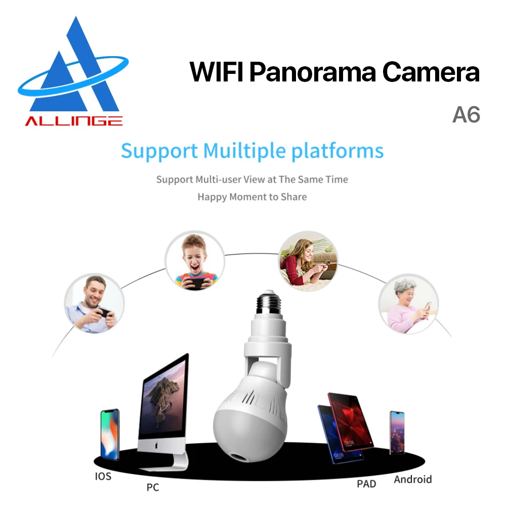 

ALLINGE 360 Degree 2MP Fisheye Panoramic Light Bulb WiFi Webcam Night Vision Mini CCTV Wireless LED Camera