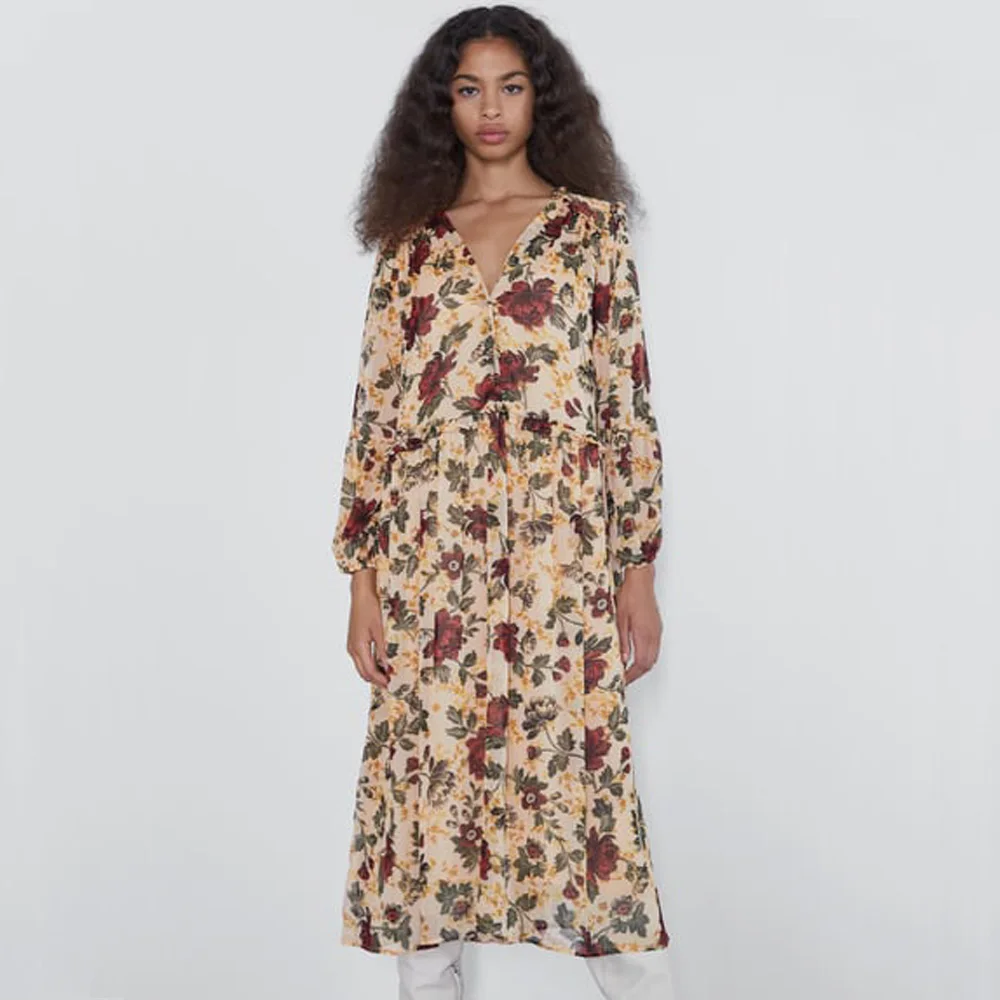 ZA 2019 осеннее Новое желтое платье с принтом модная женская одежда повседневное