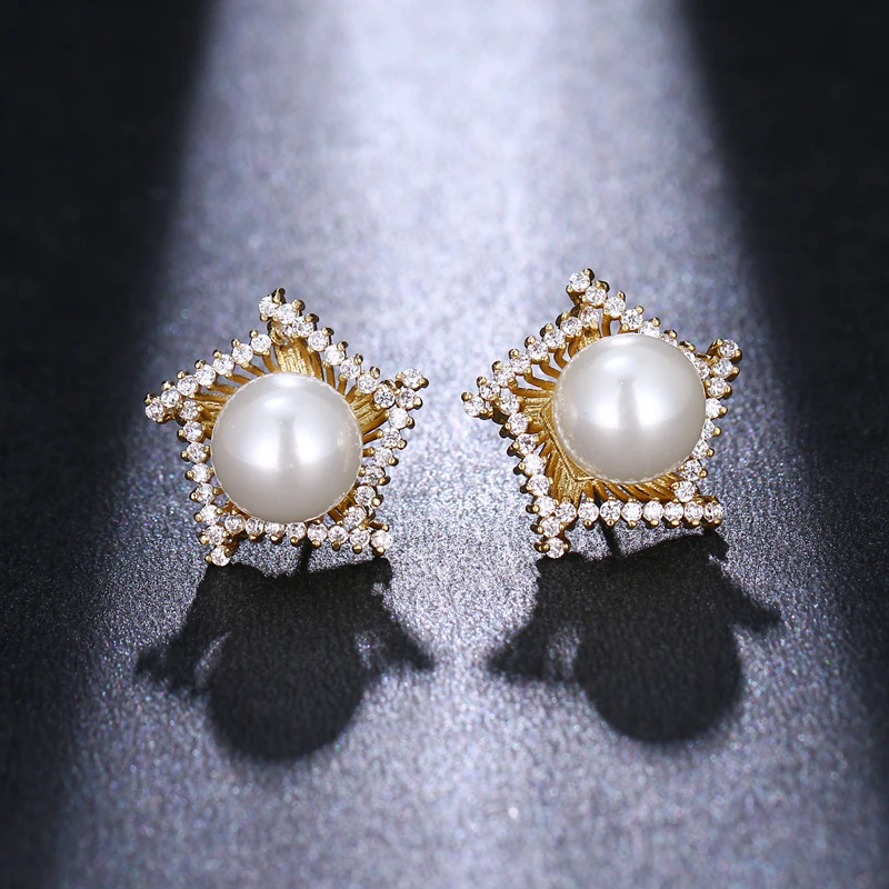 Bettyue AAA Cubic Zircon Fancy Model Pentagon Pearl In The Centre New Trendy Party Ear Studs Women And Ladies Multicolor Choice | Украшения