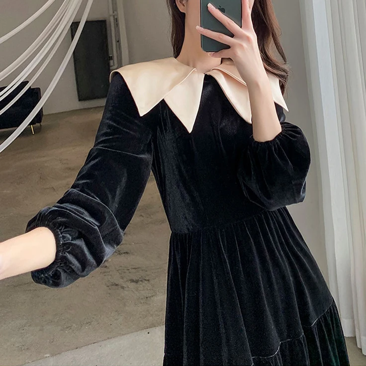 

2020 Autumn/Winter French Long Slim Skirt Velvet Long Sleeve Dress vestido feminino Vintage A-Line Regular Spring