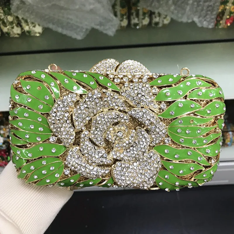 Gold Flower Green Crystals Evening Clutch Bags Luxury Women Wedding Party Purse Handbags Rhinestone Mini Minaudiere Clutch A12-5