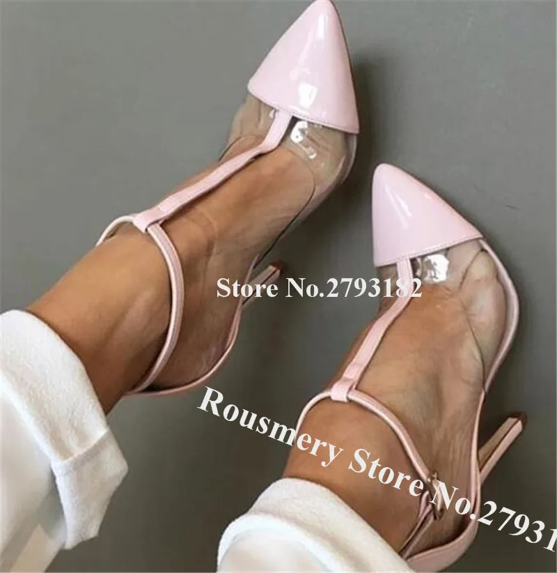 

Women Elegant Fashion Pointed Toe PVC Patchwork Stiletto Heel Pumps T-strap Clear Transparent High Heels Formal Dress Heels