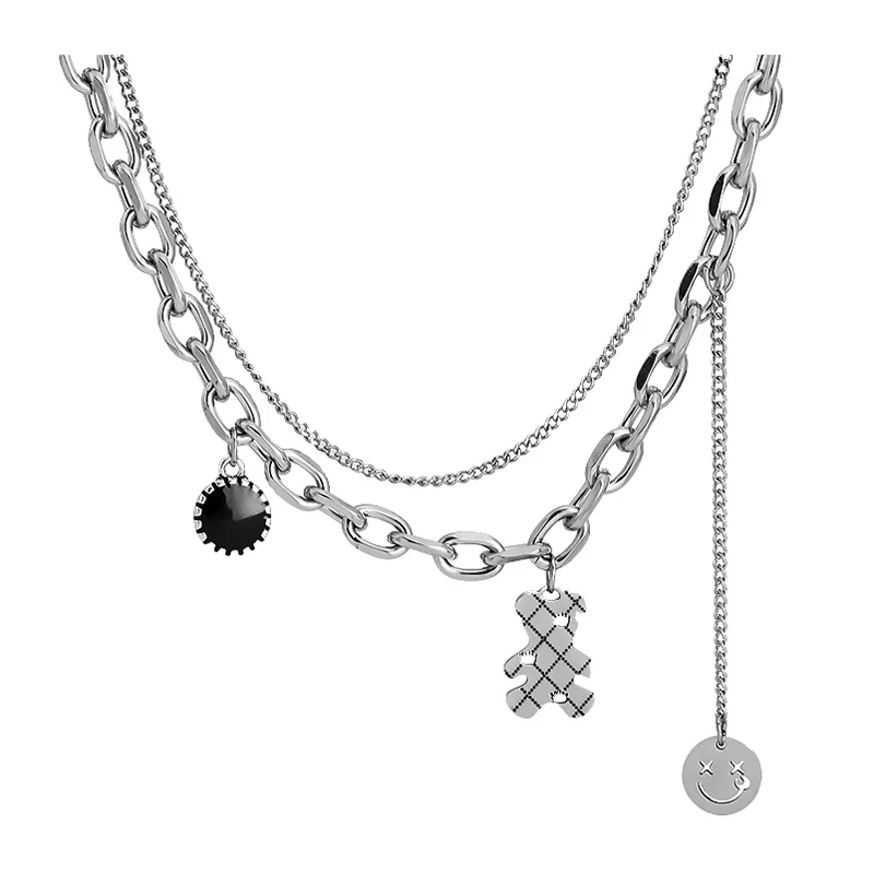 

Little bear Smiley Pendant Necklace Multilayer Chain Women Necklaces Jewelry Women Mens Silver Color Stainless Steel Choker