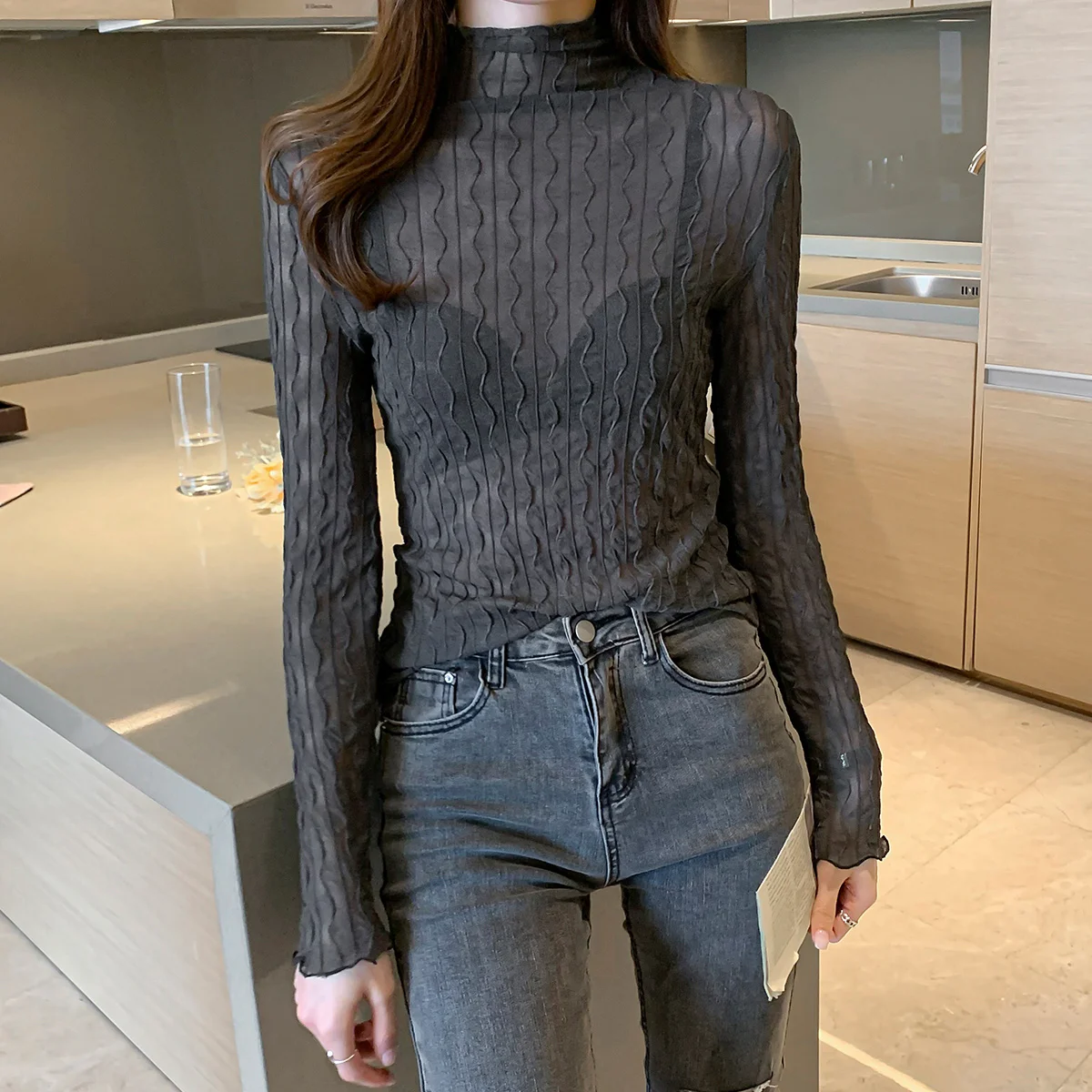 Женская кружевная Водолазка с длинным рукавом однотонная