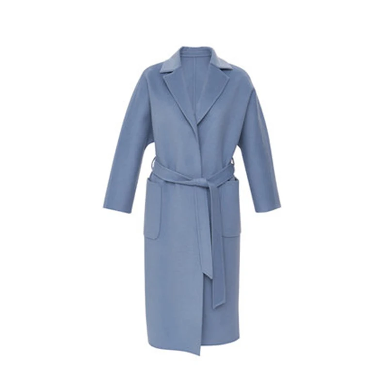 Autumn Spring Women V-Neck A-Line Two-Sided 100% Wool Coat 2020 New Slim Double Breasted Belt Female Fashion Overcoat | Женская одежда