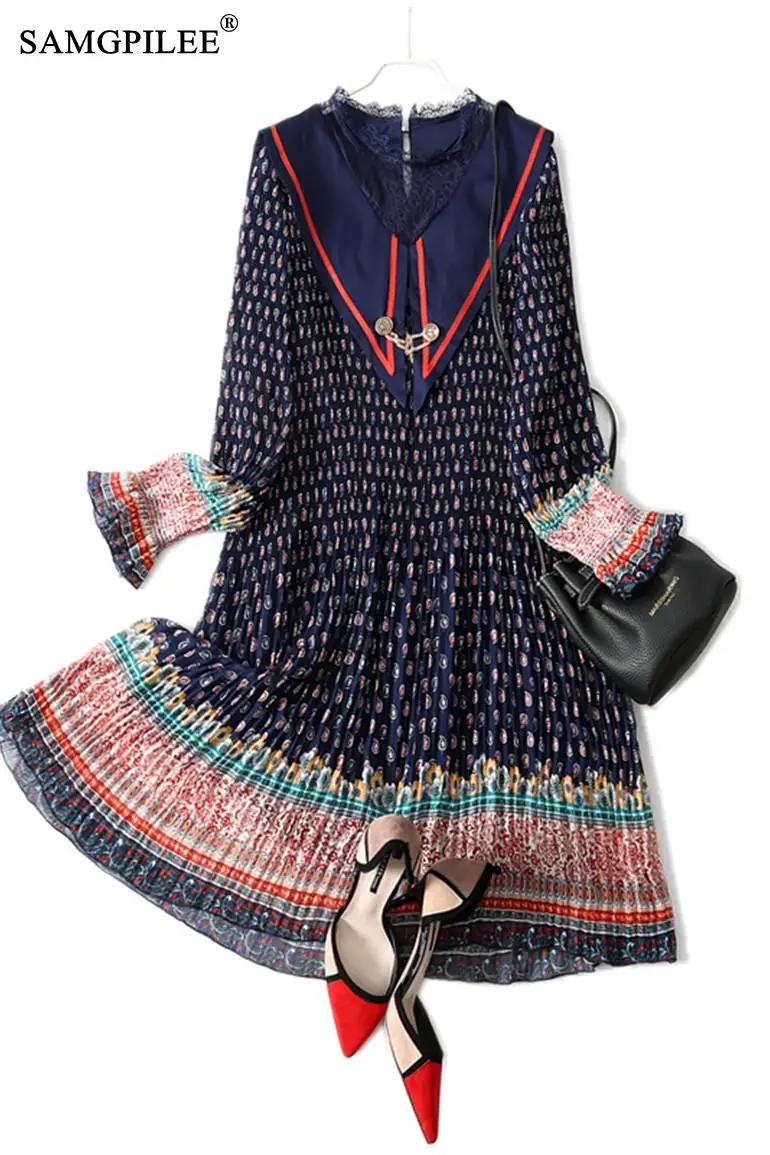 

Summer Dresses For Women Floral 2021 New Sailor Collar Pleated High Elastic Knee Length Spring Dress Chiffon Woman Clothing 4XL