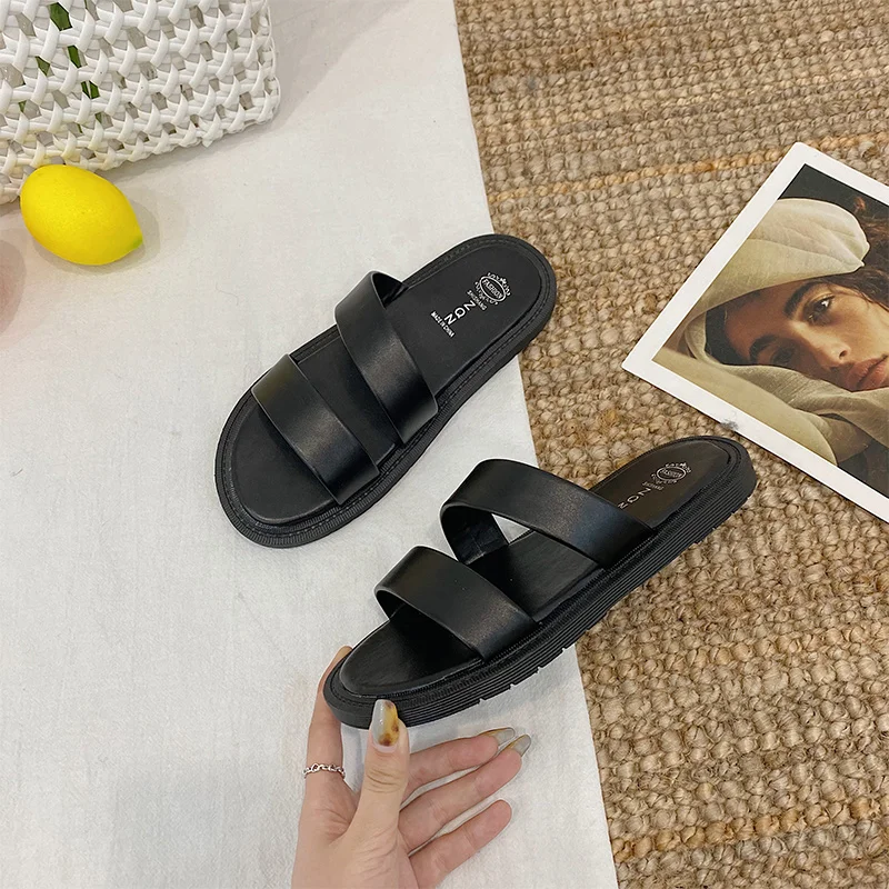 

Female Shoes Slippers Flat Low Square Toe Slides Summer Clogs Woman Platform 2021 Beach PU Basic Rubber Shoes Slippers Flat Slid
