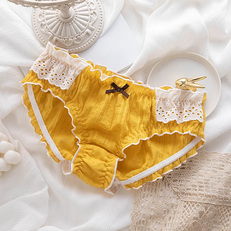 

4-color Pure Cotton Briefs Japanese Hollow Low Waist Sexy Ladies Lace-side Retro Shorts Trend Stitching Student Cute Blue Kawaii