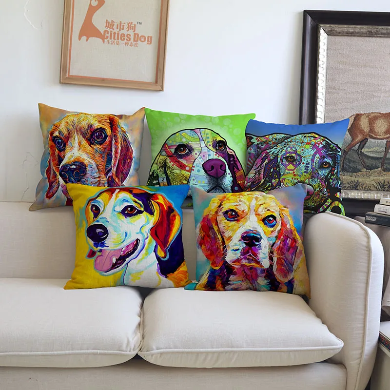 Наволочка с рисунком животного Бигль собака акварель льняная подушка наволочка