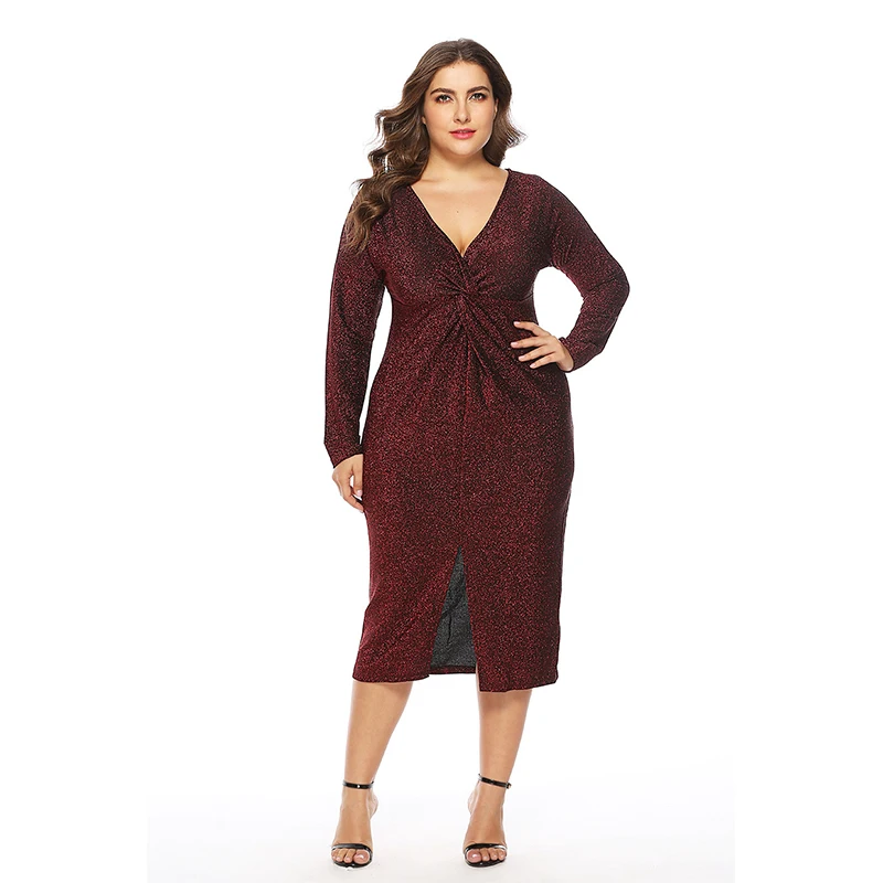 

V Neck Pure Color Long Sleeve Plus Size Dress Autumn Winter Knitting And Calf Skirt Vestidos Elegantes Para Mujer Para Fiesta