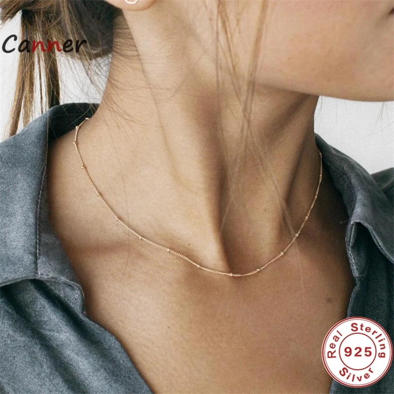 

Canner 100% S925 Sterling Silver Choker Necklace Women Bead Chain Gold Necklace Gold Silver color Chain Necklace Gift Jewelry