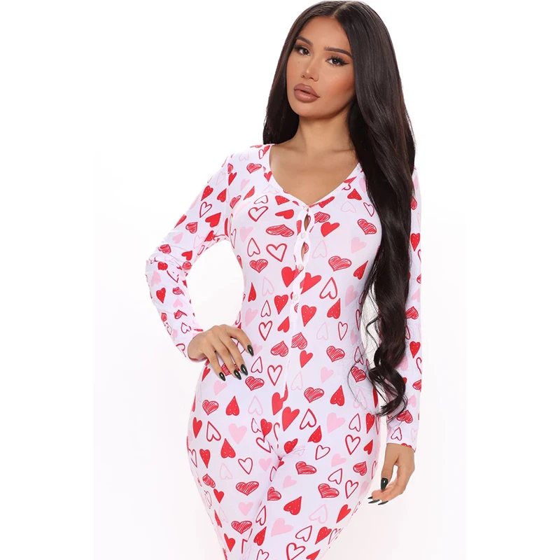 

Valentine's Day Love Heart Print Jumpsuit Sleepwear Women Casual Spring Skinny Long Sleeves Buttons Playsuit Pajamas Nightwear