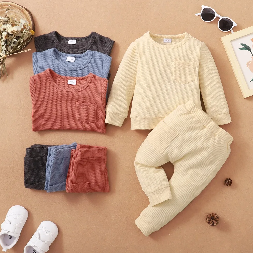 

0-18M Baby Autumn Clothes Newborn Baby Boy Girl Cotton Clothes Set Plain Long Sleeve T-shirt Top + Pants Autumn 2PCS Outfit