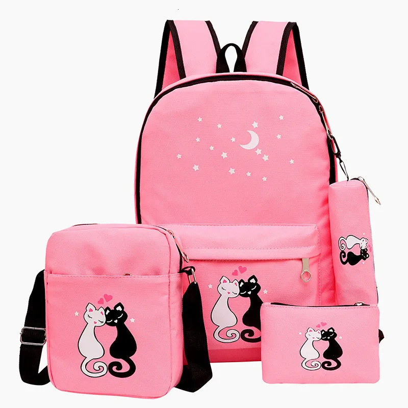 Backpack Women 4pcs/set Cat Printing Canvas School Bags For Teenager Girls Preppy Style Rucksack Cute Book Bag Mochila Feminina
