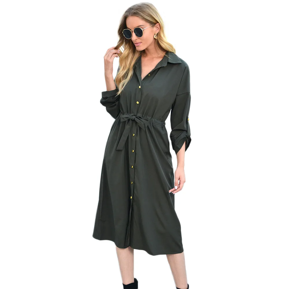 

Casual Button Sashes White Women Dress Turn Down Collar Spring Streetwear Khaki Female Dresses Vestidos Fashion 2021