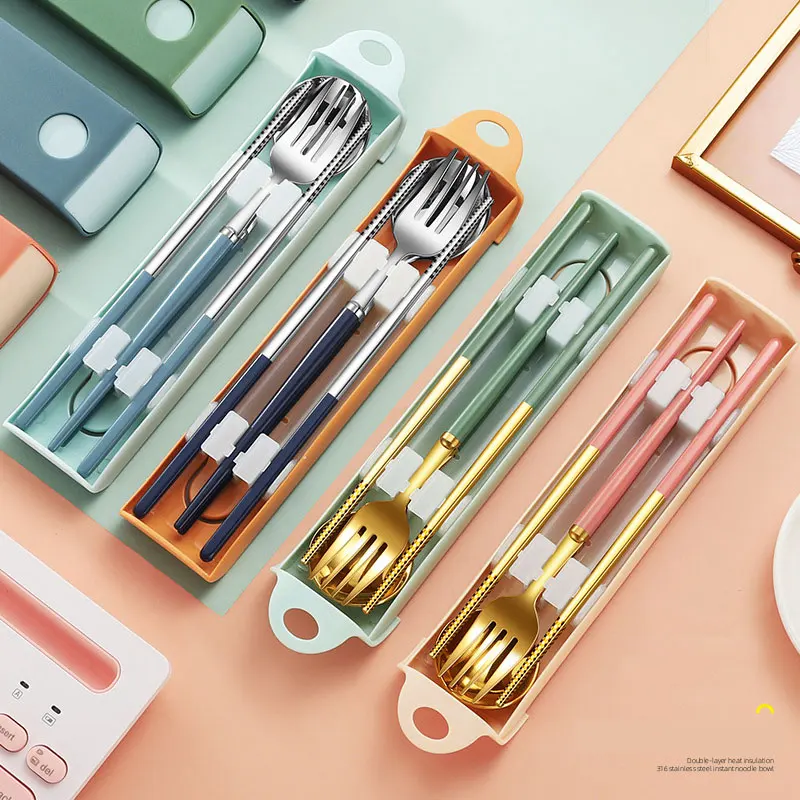 

Stainless Steel Portable Cutlery Set Spoon Fork Chopsticks with Storage Box Student Travel Lunch Tableware Set Kitchen Supplies