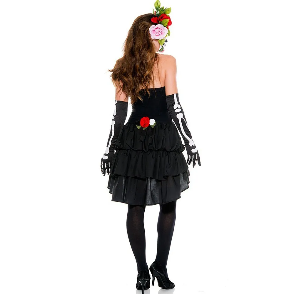 

Halloween Women Scary Ghost Bride Cosplay Costume Grave Skeleton Sexy Black Short Gown Fancy Party Dress Skull Costume Prop