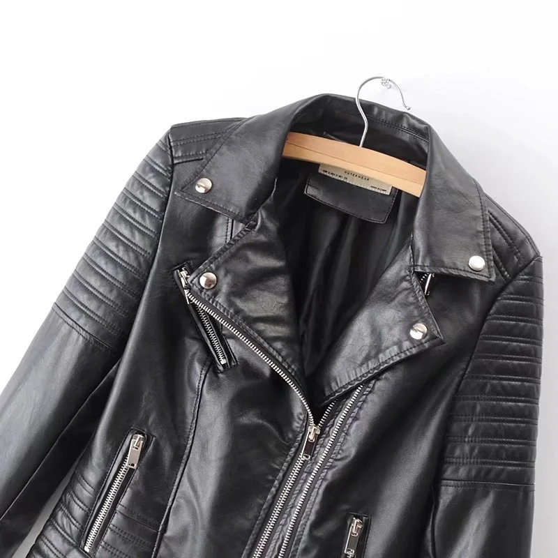 Large lapel motorcycle leather jacket female slim leather jacket enlarge
