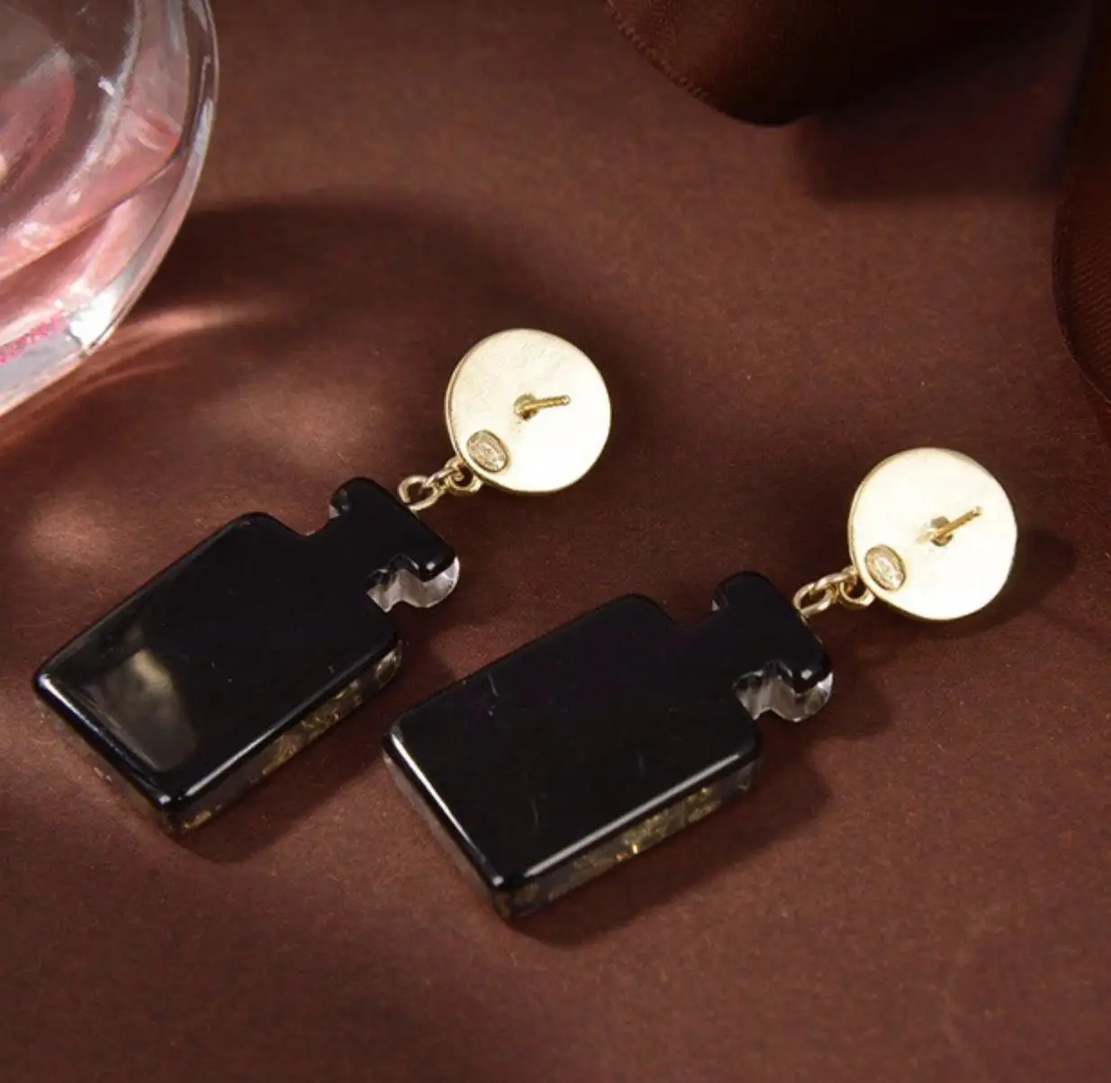 

Original Brand Perfume Bottle Pearl CC Stamp Resin Earring Crystal Dangle Stud Earrings Jewelry Black Eardrop Women Holiday Gift